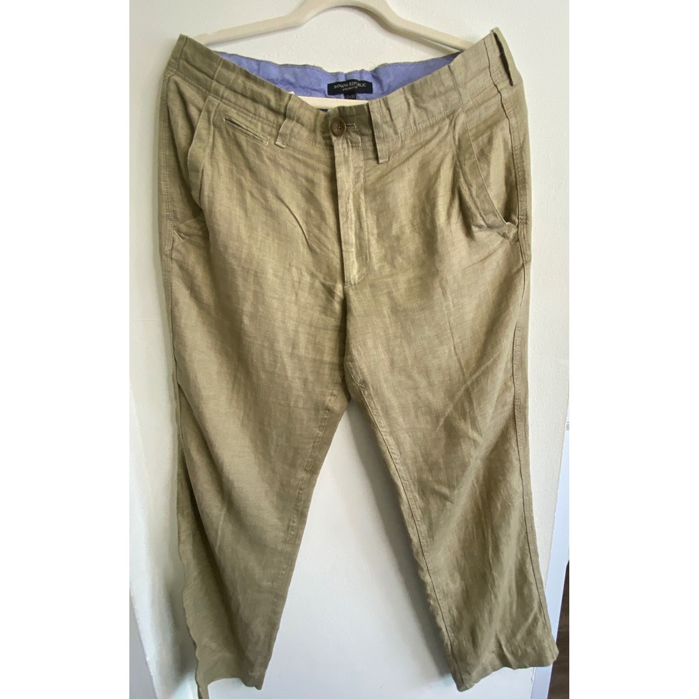 Banana Republic Mens 32x30 Straight Fit 100% Linen Pants Khaki Tan Flat Front